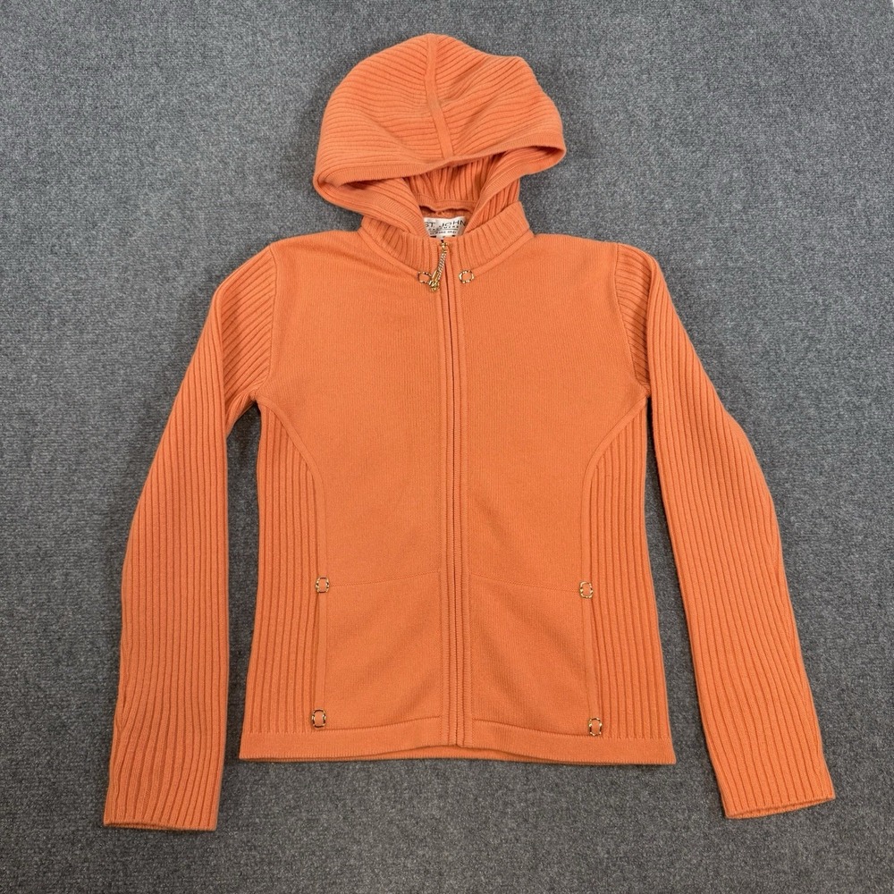 St. John Cashmere Marie Gray Hoodie Womens M Orange Cardigan Sweater Full‎ Zip